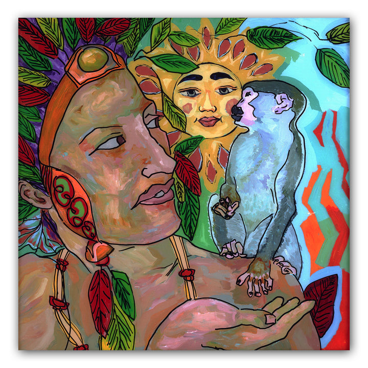 Woman with Monkey and the Sun (Original Painting): The Art of Rachel Shultz